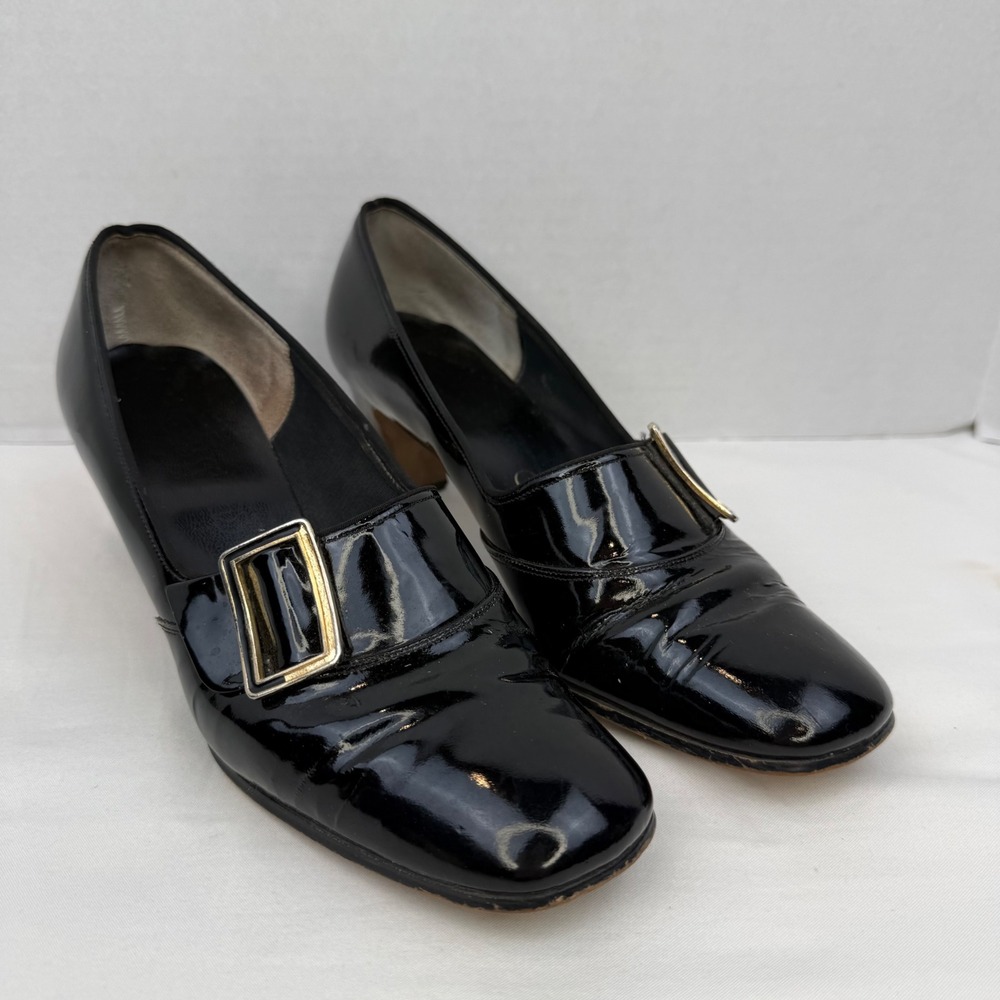 Vintage Red Cross Black Patent Leather Buckle Block Heel Pumps Size 7B